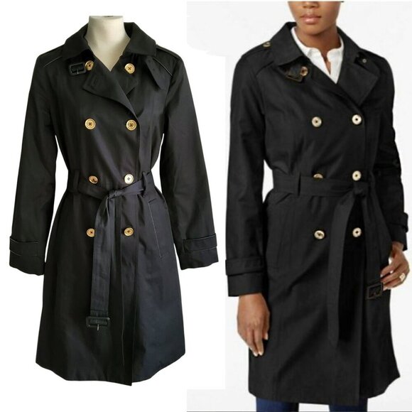 MICHAEL KORS Trench Coat Double Breasted Black Gold Buttons Mob Wife - Size S - Picture 1 of 16